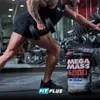 A man is performing a dumbbell row exercise in a gym, with a bag of Weider Mega Mass 4000 protein powder visible in the foreground. Produktbild-Vorschau
