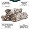 Three bundles of white sage are shown, with text boxes providing product details and marketing information. Produktbild-Vorschau