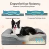 A dog is lying on a dog bed, with diagrams illustrating the bed's features above. Produktbild-Vorschau