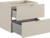 A beige bathroom vanity cabinet with two open drawers, showing the gray interior of the drawers and gold handles. Produktbild-Vorschau
