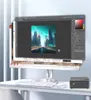 A computer setup with a monitor displaying software, a keyboard, mouse, and a mini PC. Produktbild-Vorschau