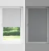 A split image showing a window with a roller blind in two different states: one partially open, revealing a garden, and the other fully closed, blocking out light. Produktbild-Vorschau