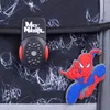 A close-up of a black backpack with a Spiderman theme, showing a black lock and a Spiderman keychain. Náhled obrázku produktu