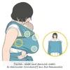 Illustration showing how to use a baby sling, with text describing the material. Produktbild-Vorschau