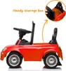 A red ride-on toy car for children, resembling a Fiat 500, shown from the side with an inset image highlighting a storage compartment. Produktbild-Vorschau