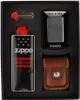A Zippo gift set containing a lighter, fuel, flints, and a leather case, neatly arranged in a black box. Produktbild-Vorschau