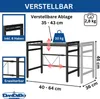Diagram showing dimensions and features of a black metal shelving unit. Produktbild-Vorschau