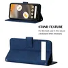 A Google Pixel 7A phone in a blue flip leather case, shown in both a standing and closed position. Produktbild-Vorschau