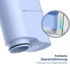 Close-up of a light blue water filter cartridge, with an inset showing it being inserted into a clear container. Náhled obrázku produktu