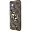 A side view of a brown Guess phone case with a repeating logo pattern and a large gold Guess logo. Podgląd zdjęcia produktu