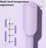 A close-up marketing image of a purple hair straightening brush, with a diagram showing temperature adjustments for different hair types. Produktbild-Vorschau