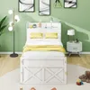 A bedroom scene with a white bed, nightstand, and floor lamp. Produktbild-Vorschau