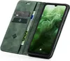 A green flip case for a smartphone is shown open, displaying the phone's screen and the inside of the case with card slots and a banknote. Produktbild-Vorschau