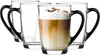 A set of four clear glass mugs with black handles, one of which is filled with a layered coffee drink topped with whipped cream and chocolate shavings. Podgląd zdjęcia produktu