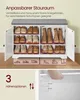 A shoe cabinet with a cushioned top, showing various shoes stored inside and illustrations of different shoe types at the bottom. A close-up of adjustable shelf heights is also shown. Produktbild-Vorschau