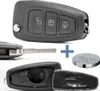 A collage of images showing a car key fob, its disassembled parts, a key blade, and a coin cell battery. Produktbild-Vorschau