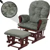 A green fabric glider chair and ottoman set with a dark wood frame, shown against a white background. A magnified inset shows the texture of the fabric. Voir les images du produit