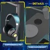 A split image showing a pair of headphones on a stand on the left, and a close-up of a desk surface with charging pads on the right. Produktbild-Vorschau