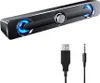 A computer soundbar with blue LED lights and its accompanying USB and audio cables are displayed against a white background. Produktbild-Vorschau