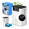 A collage showcasing a white dehumidifier with a digital display and a water tank. The packaging for the dehumidifier is also shown. Podgląd zdjęcia produktu