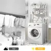 Split image showing a bathroom sink area on the left and a washing machine with a storage shelf on the right, with text overlays indicating before and after. Produktbild-Vorschau