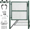 A dark green metal garden gate with its hardware laid out next to it on a white background. Produktbild-Vorschau