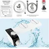 A bidet attachment for a toilet seat is shown with various installation components and water splashing around it. Produktbild-Vorschau