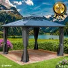 A gazebo with curtains is set up on a wooden deck in a scenic outdoor setting with mountains and a lake in the background. Produktbild-Vorschau