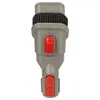 A vacuum cleaner attachment with a brush and red buttons, isolated on a white background. Produktbild-Vorschau