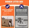 A split image comparing a hidden litter box enclosure with a litter box without one. The left side shows a wooden cabinet with a cat entering, highlighting benefits like 'Clean and Tidy' and 'Fresh Air'. The right side shows a cat in an open litter box on  Produktbild-Vorschau