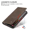 A brown flip case for a smartphone is shown open, with text highlighting its magnetic closure feature. Produktbild-Vorschau
