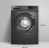 A front view of a dark gray Telefunken washing machine against a light gray background, with dimensions indicated. Produktbild-Vorschau