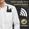 A person wearing a white shirt with a walkie-talkie in their pocket, with marketing text and icons overlayed. Náhled obrázku produktu