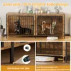 A dog crate furniture piece with two dogs inside, and close-up views of its features. Náhľad obrázku produktu