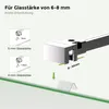 Diagram showing how a shower screen support bracket attaches to glass of different thicknesses. Produktbild-Vorschau