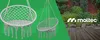 Two hanging chairs are displayed against a green background, with a garden scene and wooden decking on the right side. A logo is also visible. Náhled obrázku produktu
