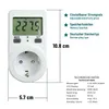 A white electricity meter plugged into a wall socket, with text annotations and technical data. Produktbild-Vorschau