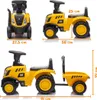 Multiple views of a yellow CAT tractor ride-on toy with dimensions indicated by measurement lines and text. Náhľad obrázku produktu
