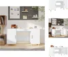 A collage of images showing a white desk with wooden legs, displayed in different angles and contexts. Podgląd zdjęcia produktu