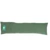 A long, green body pillow is laid out horizontally on a white background, with a small tag attached to the left end. Produktbild-Vorschau