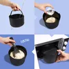 A four-panel collage demonstrating how to use a microwave rice cooker. Produktbild-Vorschau