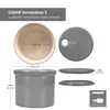 A collage of images showing a ceramic storage jar with dimensions and details. Produktbild-Vorschau