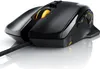 A black gaming mouse with orange accents is shown on a white reflective surface. Produktbild-Vorschau