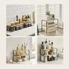 Collage of four images showing bamboo shelf units used for organizing kitchen items, books, and toiletries. Anteprima dell’immagine prodotto