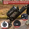 A portable gas grill is shown being tilted on a wheeled cart, with close-up insets highlighting its features. Produktbild-Vorschau