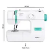 A white sewing machine with turquoise accents is shown from the front-left, with dimensions indicated by measurement lines and text. Produktbild-Vorschau