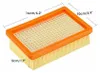 A rectangular air filter with an orange frame and yellow filter material, with dimensions indicated by text overlays. Produktbild-Vorschau