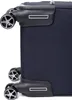 Close-up view of the wheels and corner of a dark blue suitcase. Náhled obrázku produktu