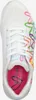 A top-down view of a white sneaker with colorful floral accents. Voir les images du produit