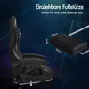 A gaming chair with a retractable footrest is shown, with dimensions indicated for the footrest. Produktbild-Vorschau